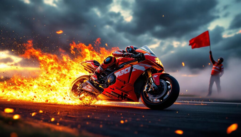 revivez une scène épique du motogp aux pays-bas où une moto en flammes attire tous les regards, alors qu'un drapeau rouge est brandi pour signaler une course haletante. découvrez les détails de cet événement incroyable qui a captivé les fans de vitesse et de sensations fortes !
