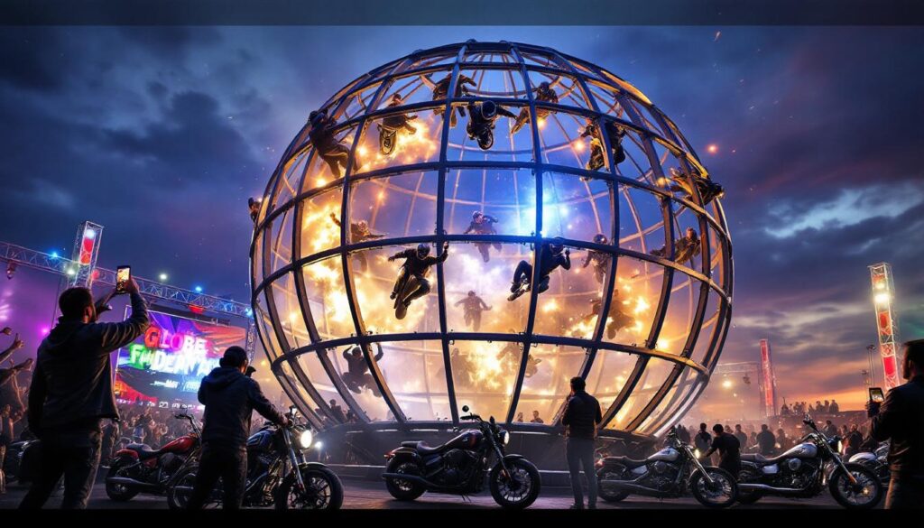 découvrez le globe de la mort, une attraction spectaculaire qui enflamme la fête de la moto ! assistez à des acrobaties époustouflantes et vivez des sensations fortes au cœur de cette expérience inoubliable. ne manquez pas l'occasion de contempler les pilotes défier la gravité dans ce spectacle fascinant.