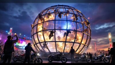 découvrez le globe de la mort, une attraction spectaculaire qui enflamme la fête de la moto ! assistez à des acrobaties époustouflantes et vivez des sensations fortes au cœur de cette expérience inoubliable. ne manquez pas l'occasion de contempler les pilotes défier la gravité dans ce spectacle fascinant.