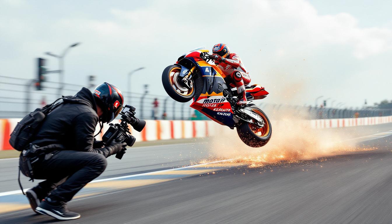 découvrez la vidéo impressionnante d’un caméraman qui échappe de justesse à une moto lancée dans les airs lors d’un grand prix motogp. des images spectaculaires et une scène à vous couper le souffle !