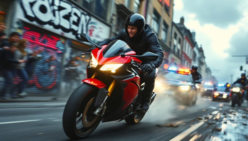 un jeune motard tente d’échapper à la police lors d’un rodéo urbain près de caen. sa fugue audacieuse finit brutalement par une chute, captant l’attention sur les dangers des rodéos urbains.