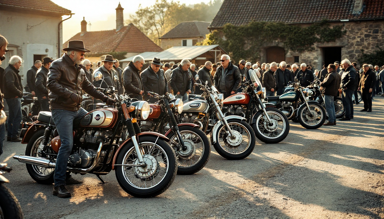le 21 septembre à mayet, assistez à un rassemblement exceptionnel de 50 motos vintage sur la place de l'église. passionnés et curieux, venez admirer des modèles rares et partager un moment convivial autour de la moto ancienne !