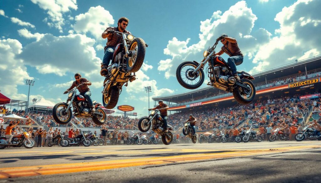 assistez à des shows de stunt époustouflants aux puces motos de l'ouest : cascades, acrobaties et sensations fortes garanties pour tous les passionnés de moto !