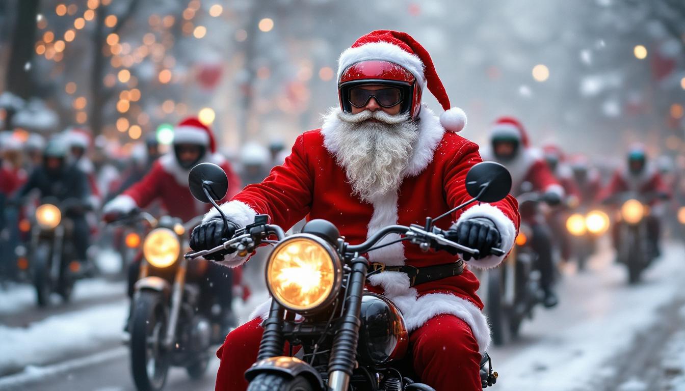 au mans, des centaines de motards déguisés en père noël participent à un défilé festif pour soutenir une cause caritative et partager la générosité pendant les fêtes.