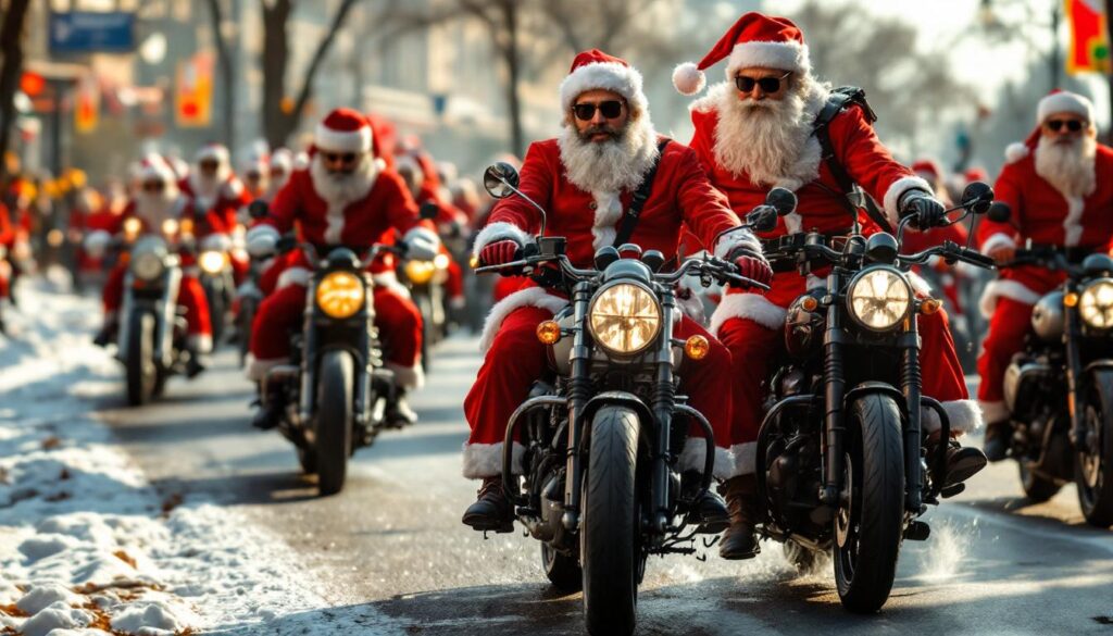 au mans, des centaines de motards déguisés en père noël participent à un défilé festif pour soutenir une cause caritative importante, alliant esprit de noël et générosité.