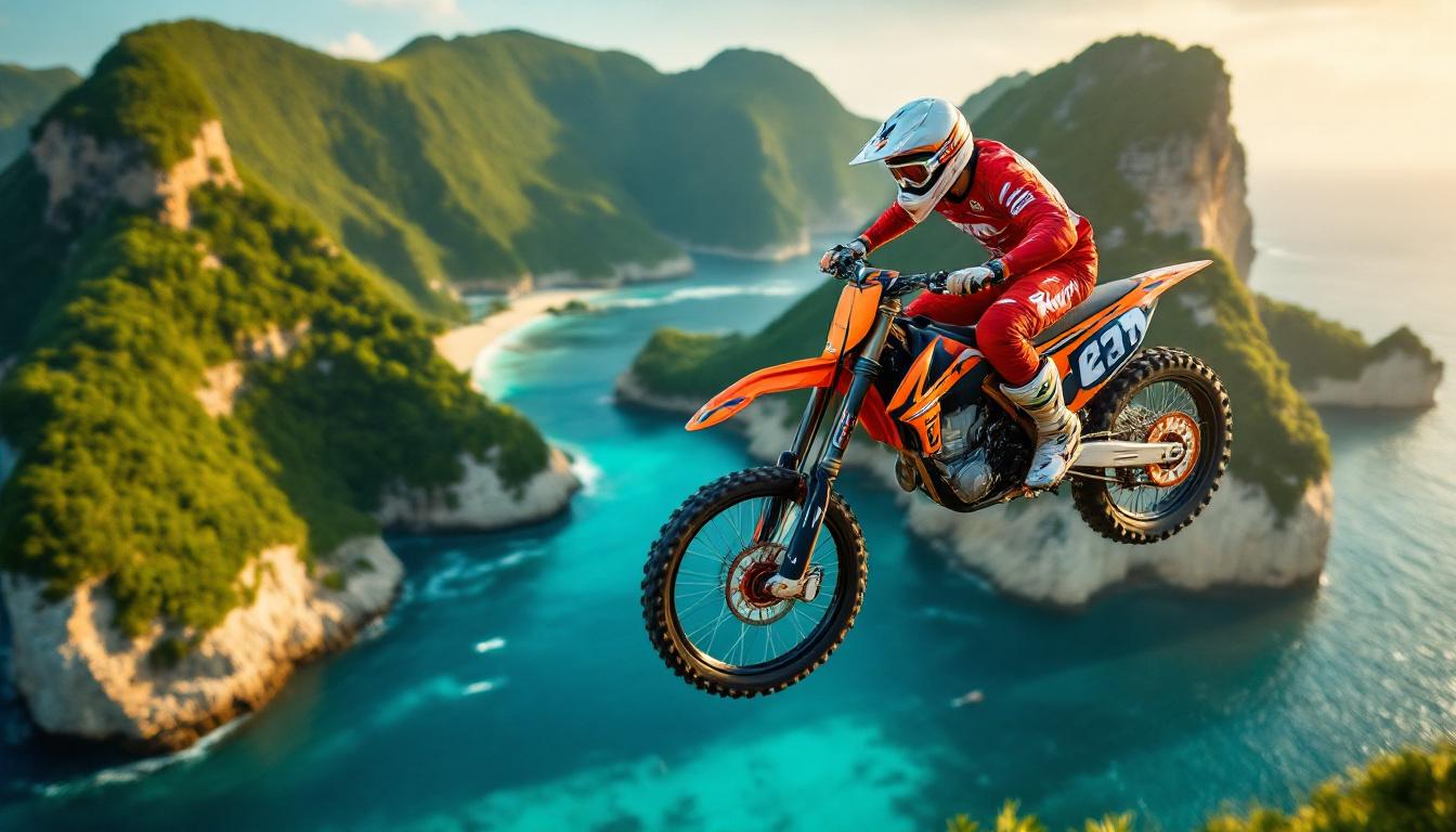 découvrez une vidéo spectaculaire où un cascadeur à moto réalise des sauts impressionnants de île en île, défiant les airs au-dessus de la mer avec des prouesses incroyables et une maîtrise exceptionnelle.