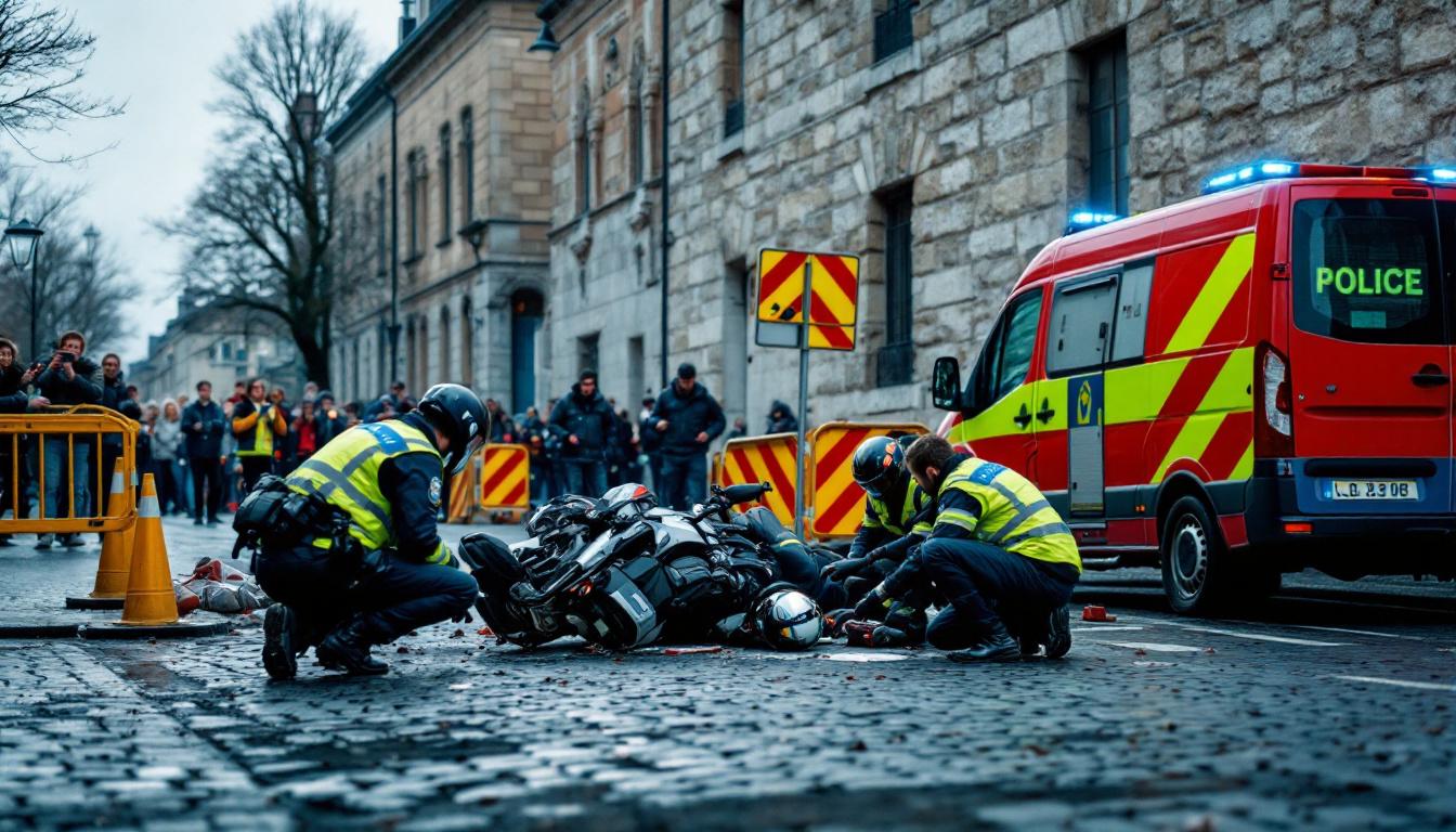 un policier à moto est en état critique après une collision violente avec une voiture lors d'une intervention. les circonstances de l'accident sont en cours d'investigation.