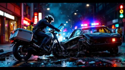 un policier à moto gravement blessé après une collision violente avec une voiture lors d'une intervention urgente.