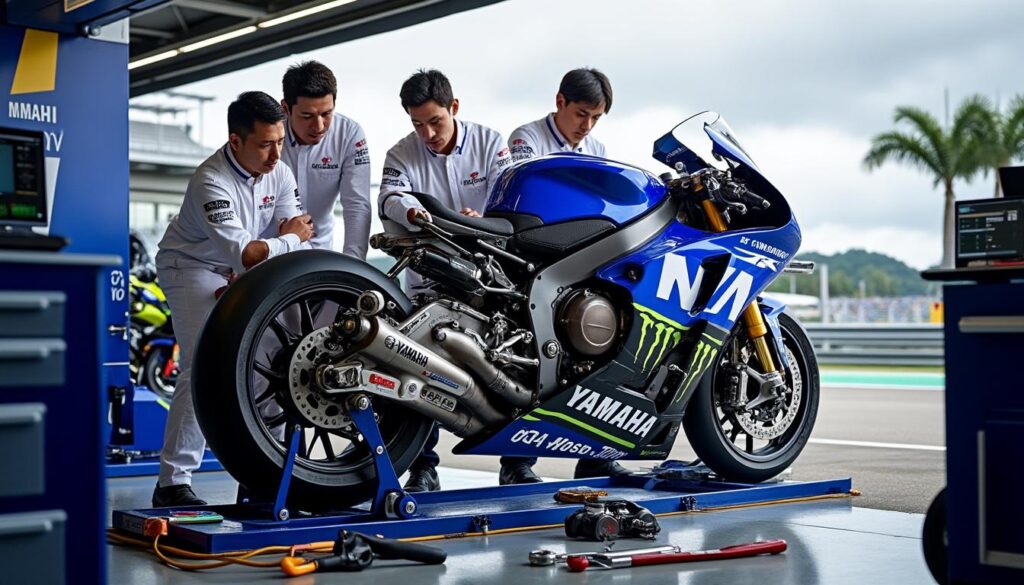 yamaha suspend temporairement les essais motogp à sepang afin d'analyser un problème moteur rencontré sur la m1, pour améliorer les performances et assurer la fiabilité.