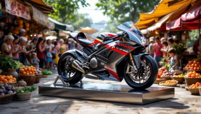 découvrez la moto emblématique des 24 heures du mans, exposée exceptionnellement sur ce marché local. une occasion unique pour les passionnés de moteur et de légende.