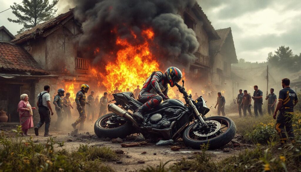 découvrez les photos chocs d'un accident grave survenu lors d'une course de moto, accompagné d'un élan de solidarité touchant autour de la doyenne du village.