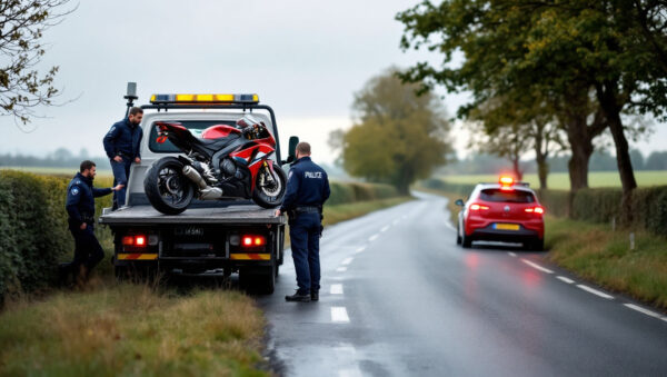 en mayenne, une moto contrôlée à 164 km/h sur une route limitée à 80 km/h a été immobilisée et envoyée à la fourrière.