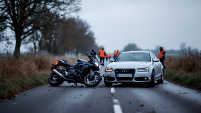 après une violente collision entre une voiture et une moto, un homme se trouve entre la vie et la mort. la vitesse est mise en cause.